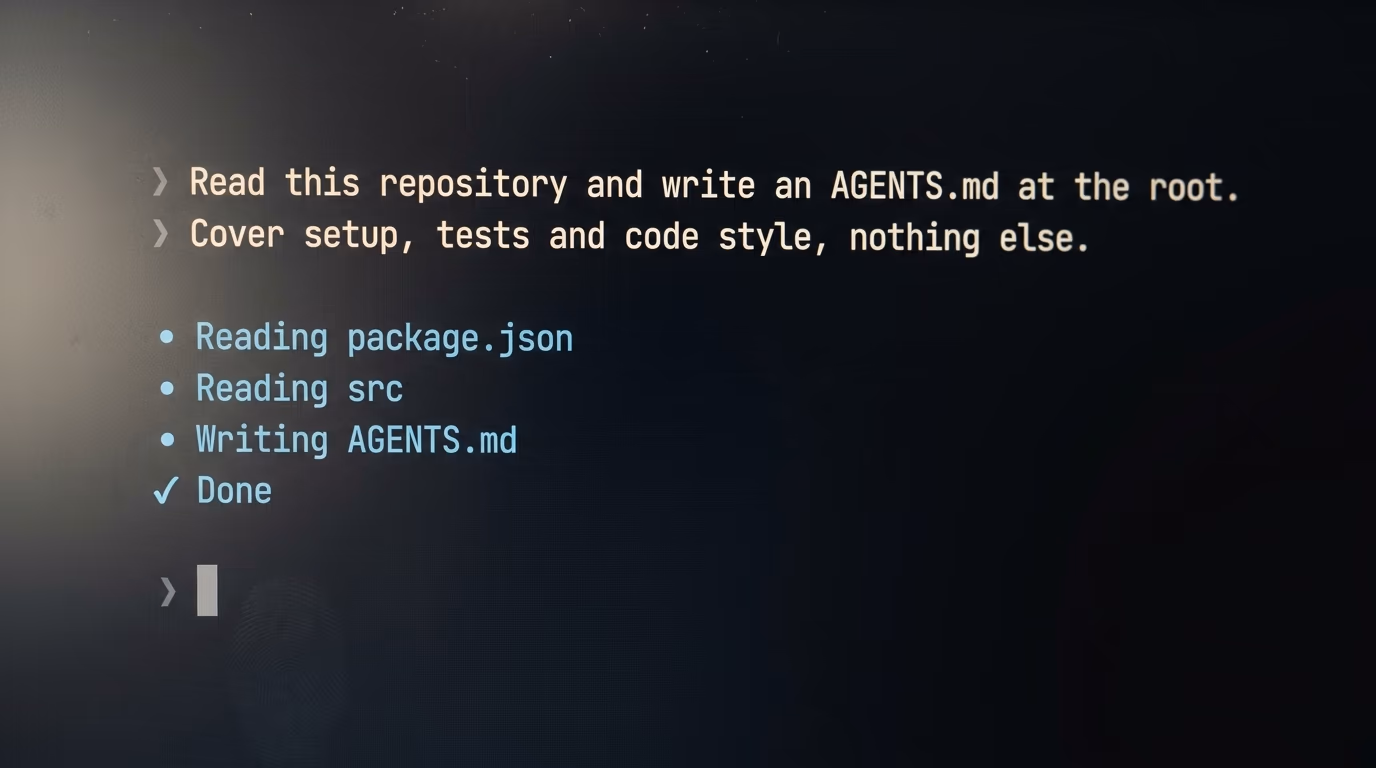 Claude Code writing an AGENTS.md file from a plain English instruction