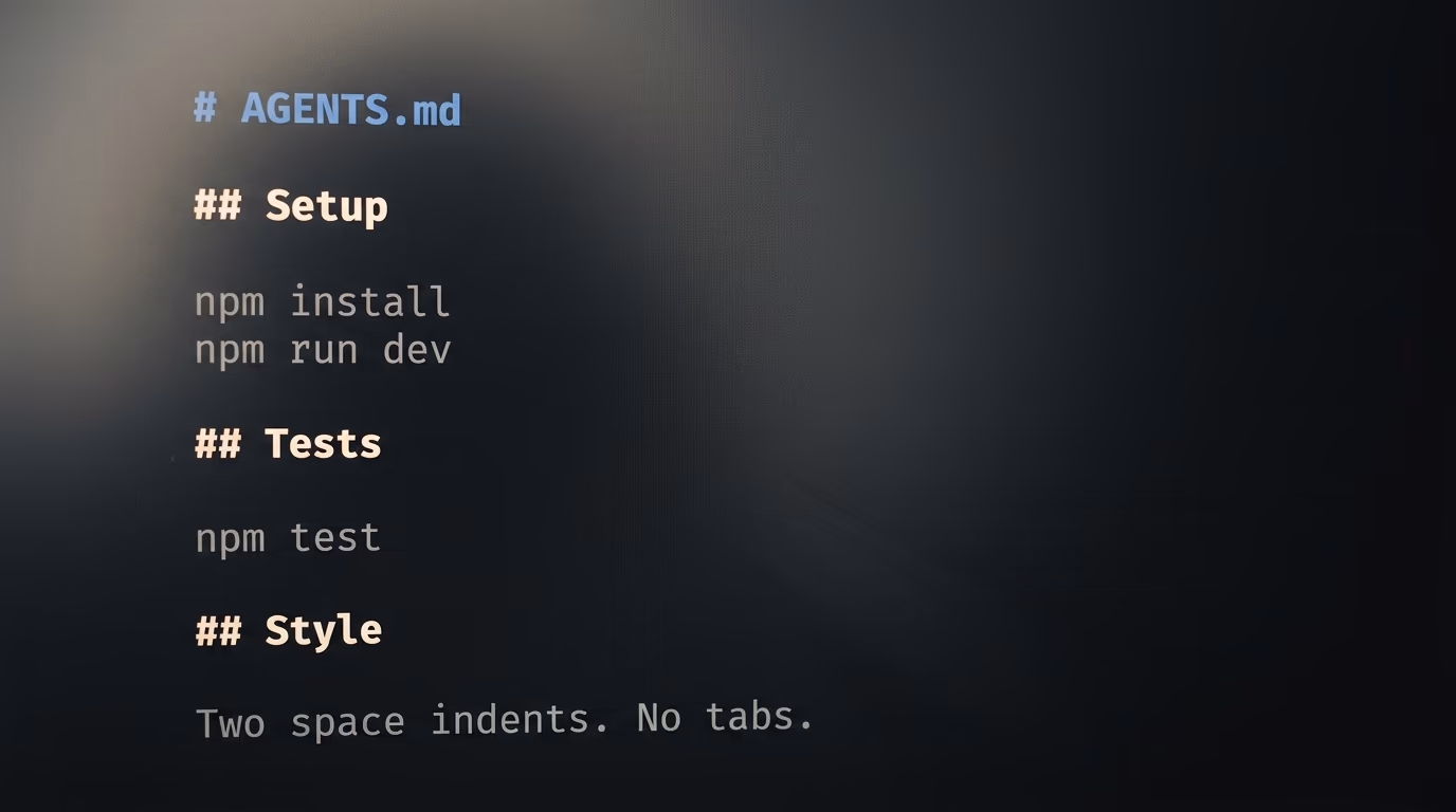 What goes inside an AGENTS.md file, shown as short headings and single line rules