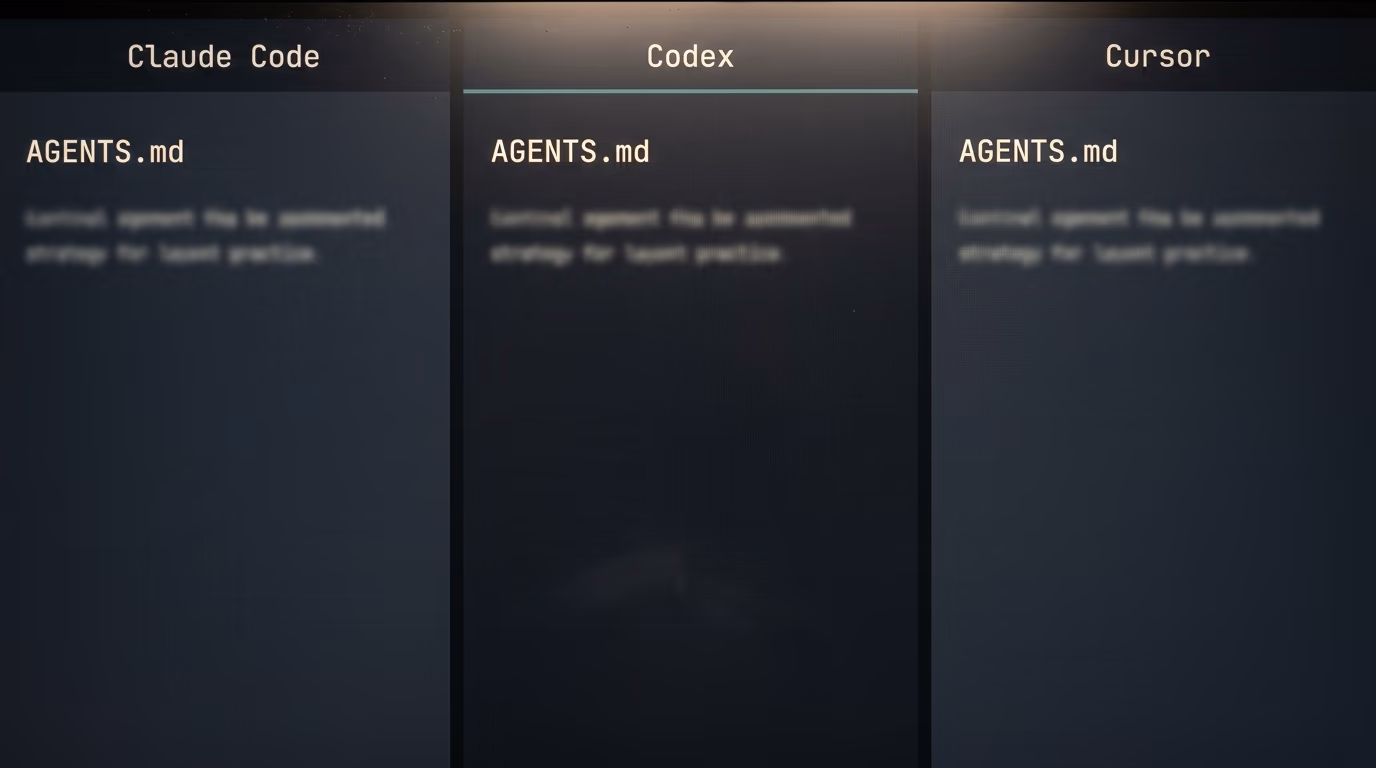 Claude Code, Codex and Cursor each open on the same AGENTS.md file