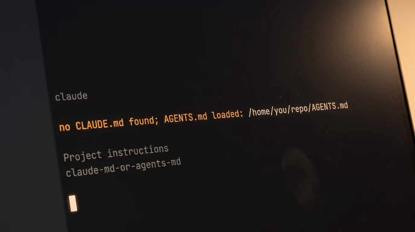 An AGENTS.md file loaded by Claude Code in a terminal session