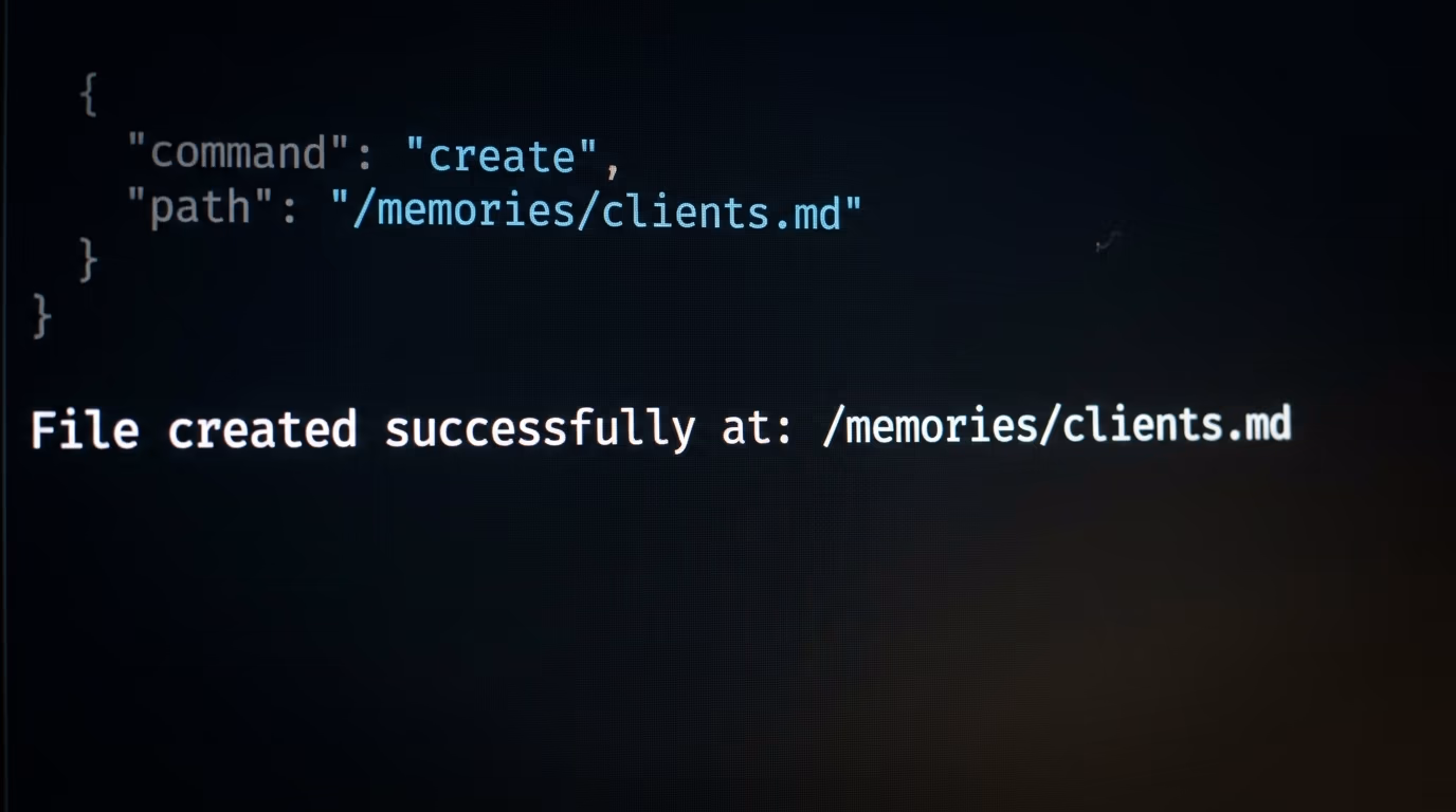 A terminal showing an AI agent memory tool call creating a file and the success message it returns
