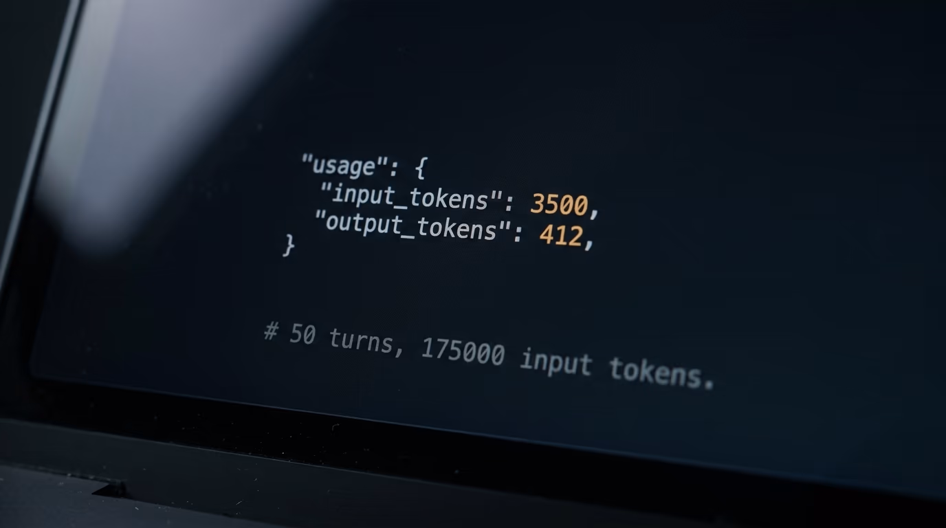 A terminal printing the input and output token usage that decides what AI agent memory costs