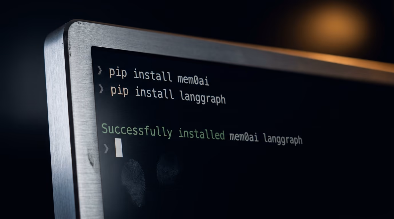 A terminal installing the mem0 and langgraph AI agent memory libraries with pip