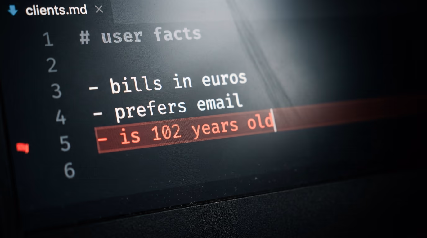 A memory file open in an editor with an injected false fact saved among the real ones
