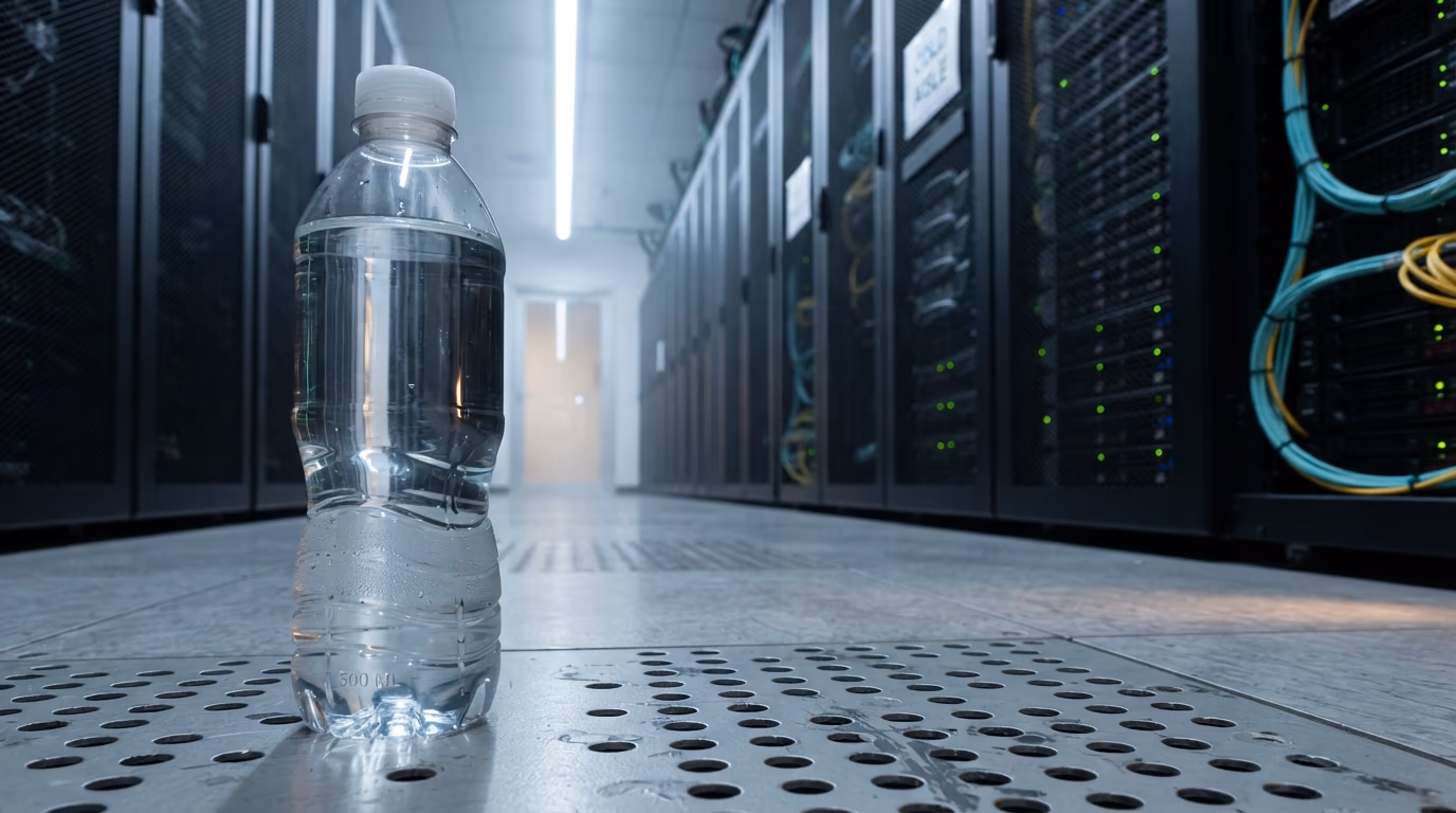 The bottle of water claim, a 500 milliliter bottle standing in a data center cold aisle