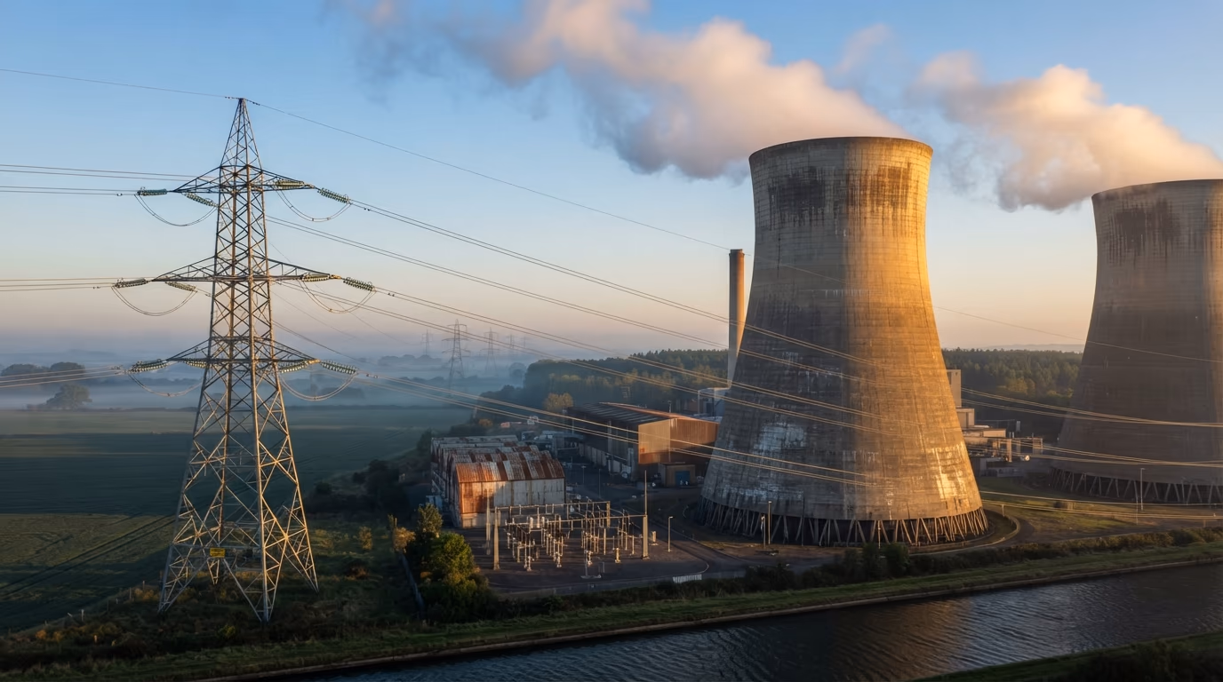 Power plant water for AI, cooling towers venting steam beside a high voltage line at dawn