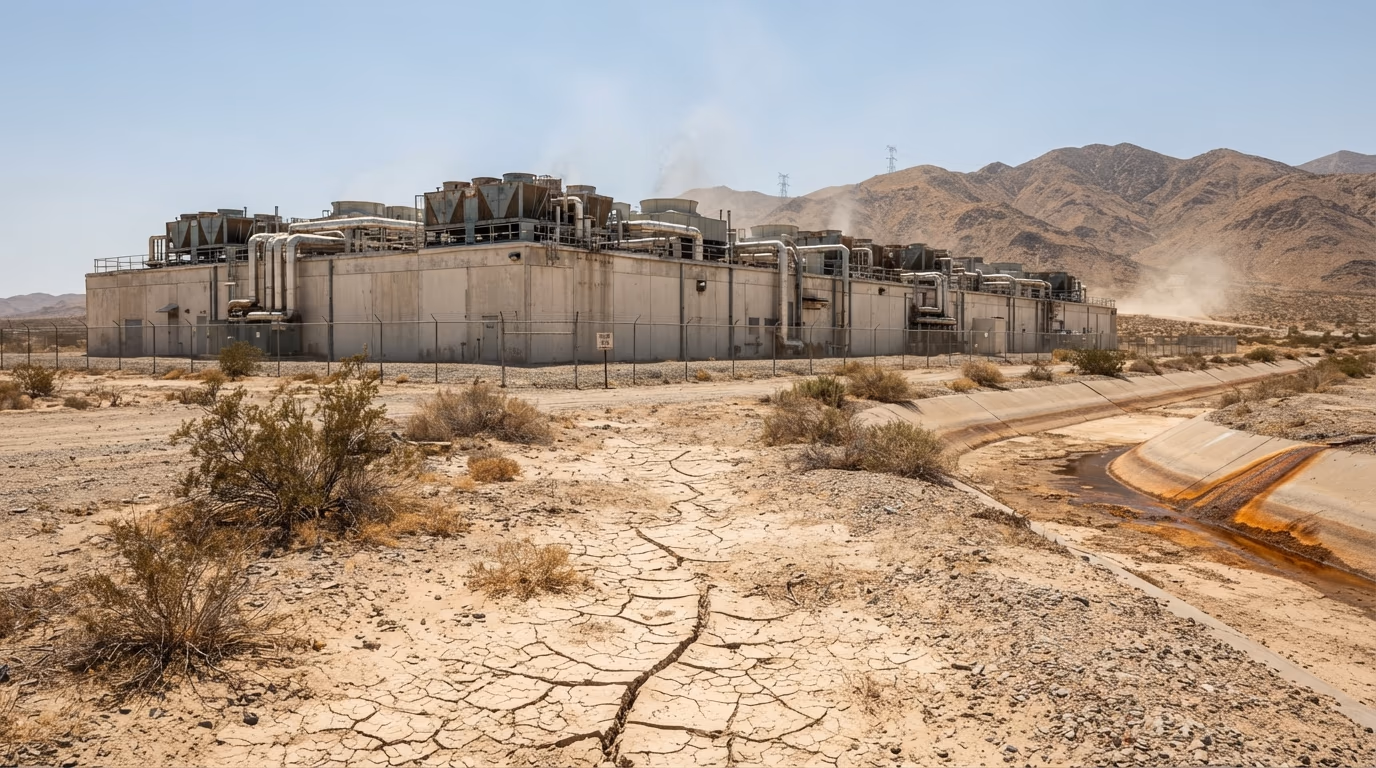Why water estimates differ, a hyperscale data center on cracked ground in a desert climate
