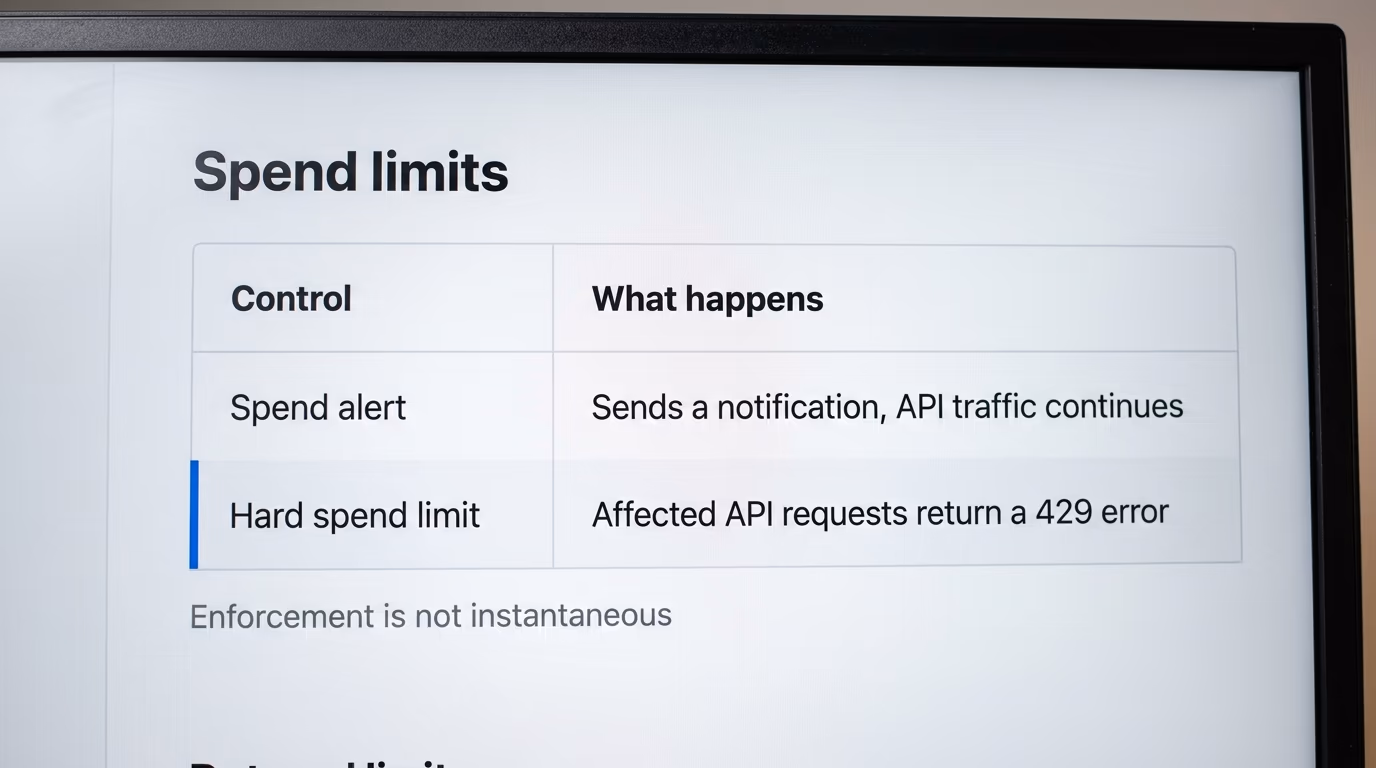 A spend limits documentation table comparing a spend alert with a hard spend limit
