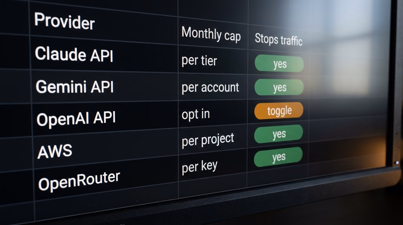 A comparison table of AI providers and whether their monthly cap stops API traffic