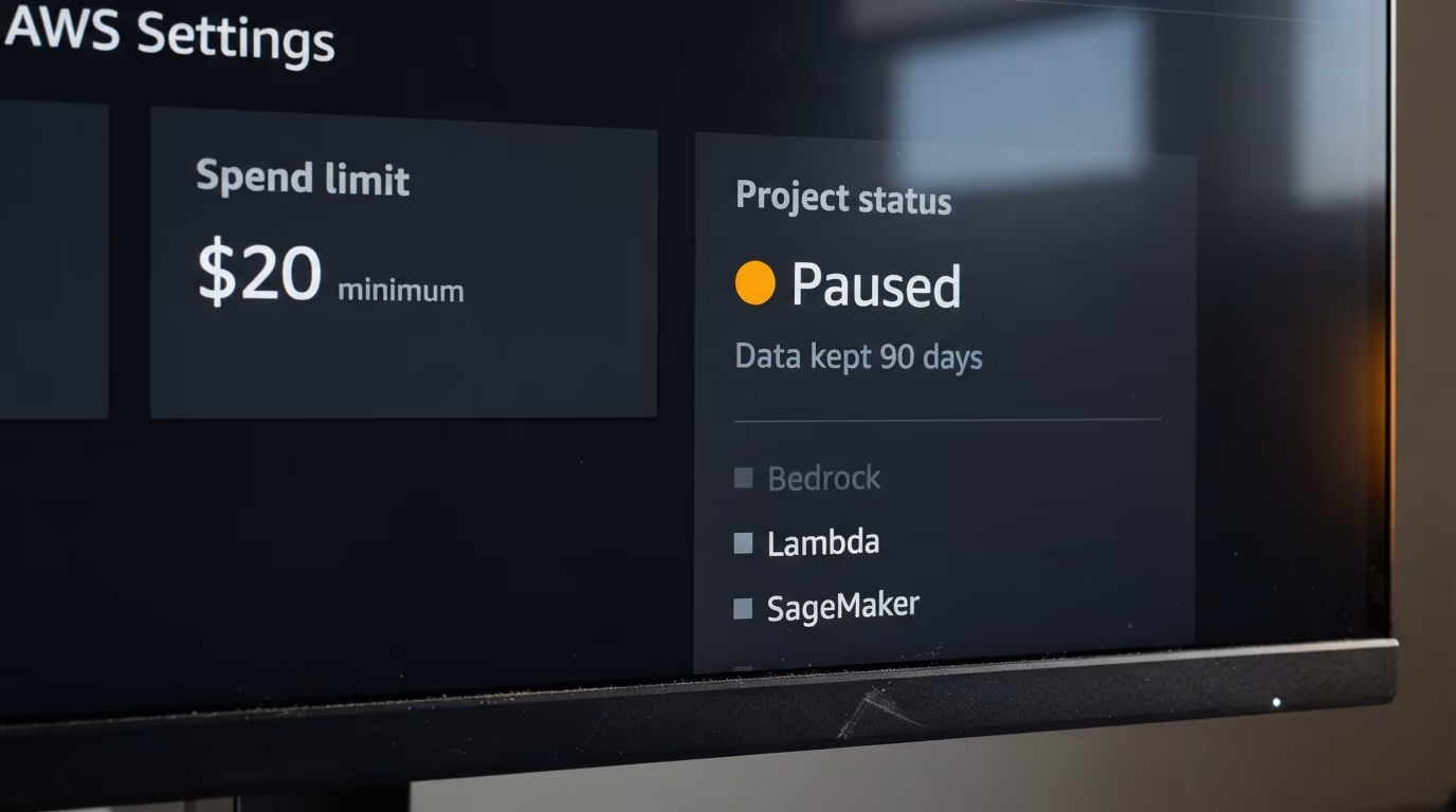 An AWS Settings billing screen showing a paused project with a spend limit and Bedrock stopped