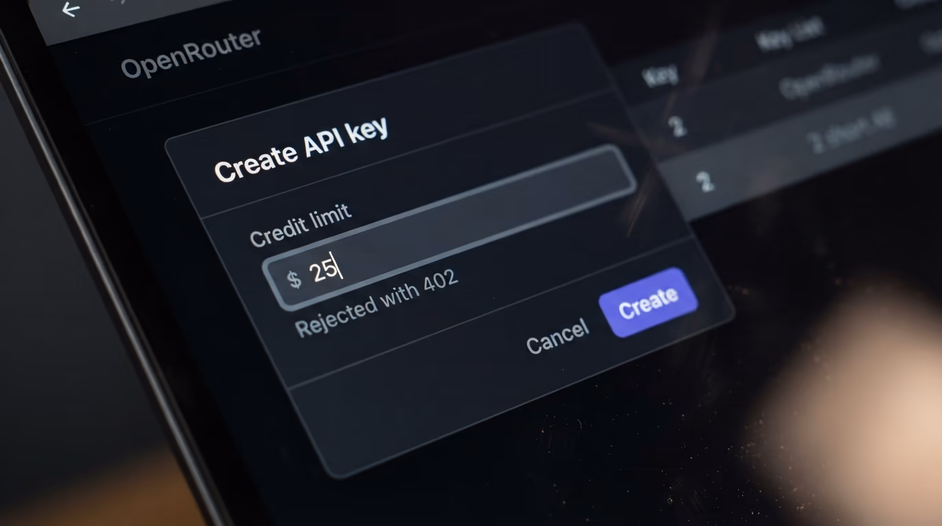 An OpenRouter create key dialog with a credit limit on the individual API key