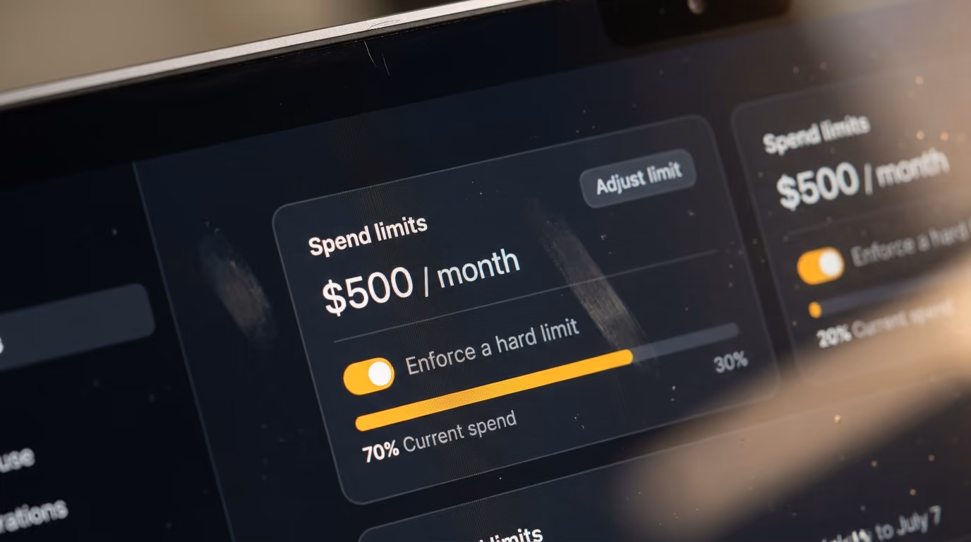 A developer console billing panel showing a monthly spend limit and a hard limit switch