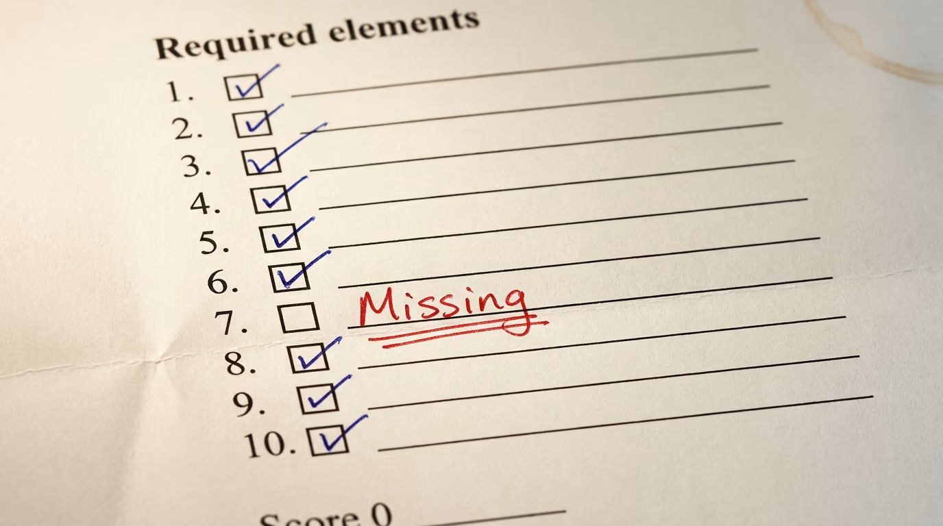 A grading sheet where one unticked required element scored the whole page zero