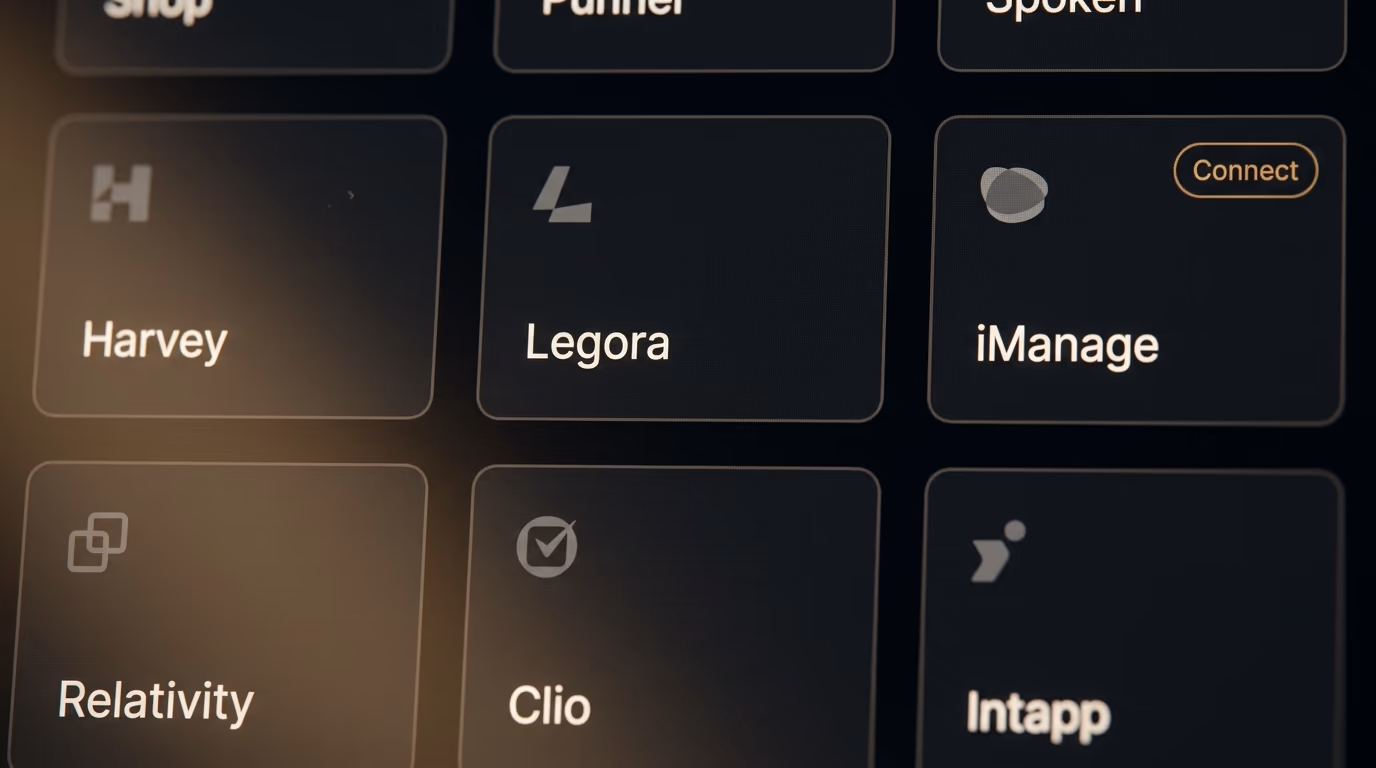 Legal software vendors listed as connector tiles inside a chat product