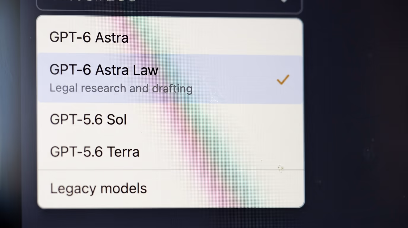The ChatGPT model picker open with GPT-6 Astra Law selected