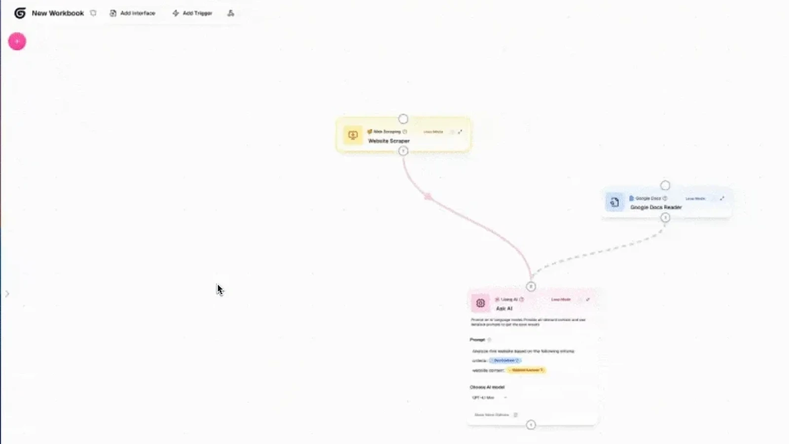 A no code AI agent builder canvas in Gumloop with scraper and Ask AI nodes