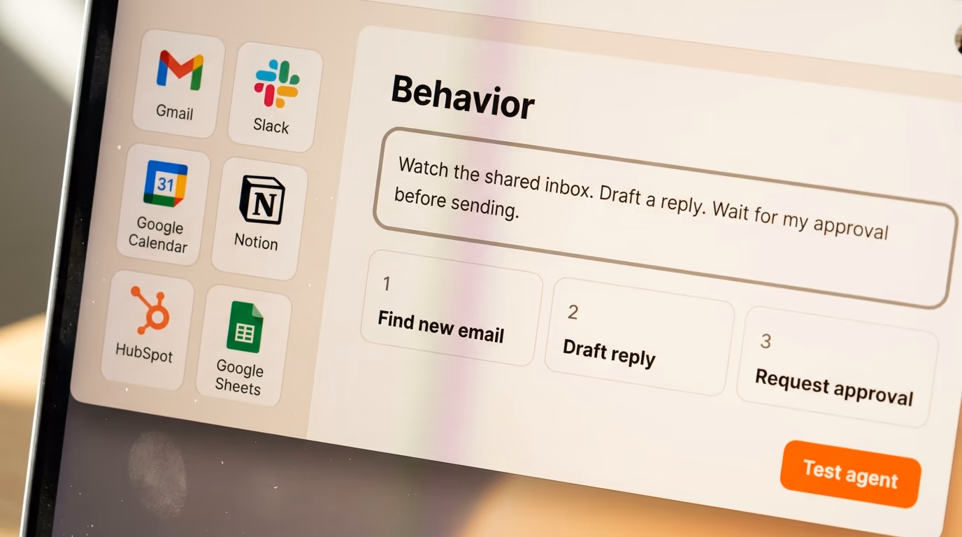 An AI agent builder panel with connected apps and plain English behavior instructions