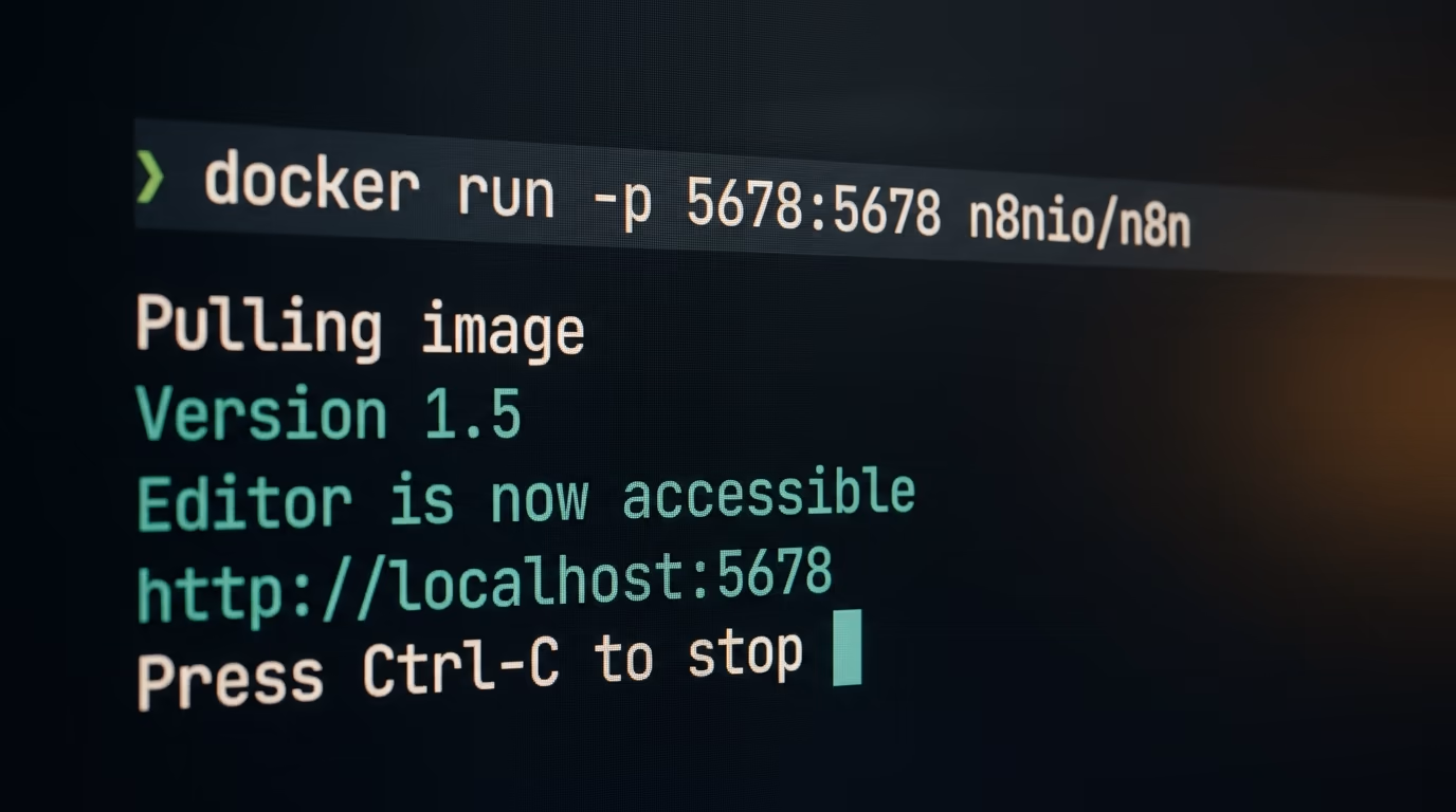 A terminal starting a self hosted AI agent builder in a container