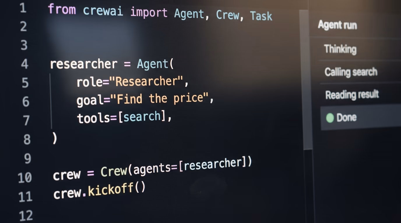 Python code in an editor defining an AI agent with a role, a goal and tools
