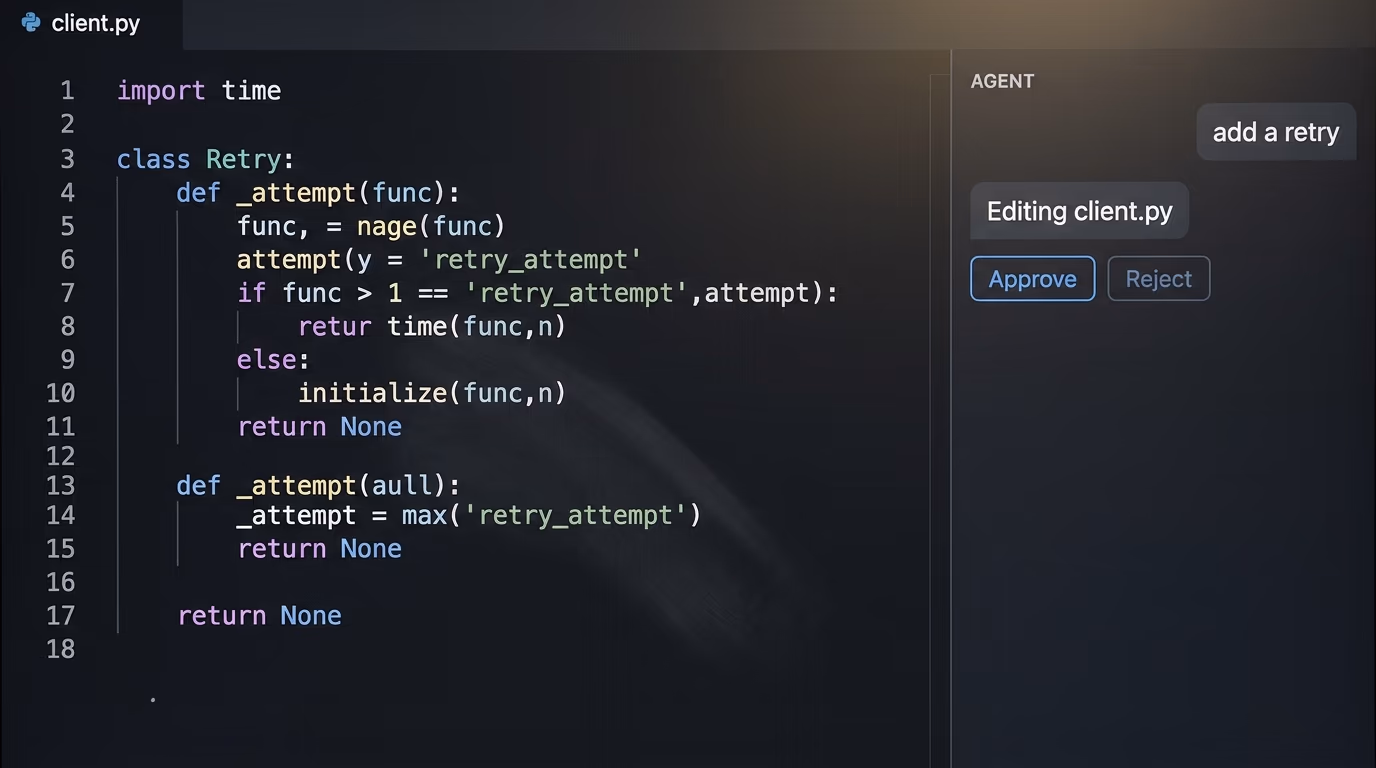 Coding agent side panel inside a code editor waiting for approval on an edit
