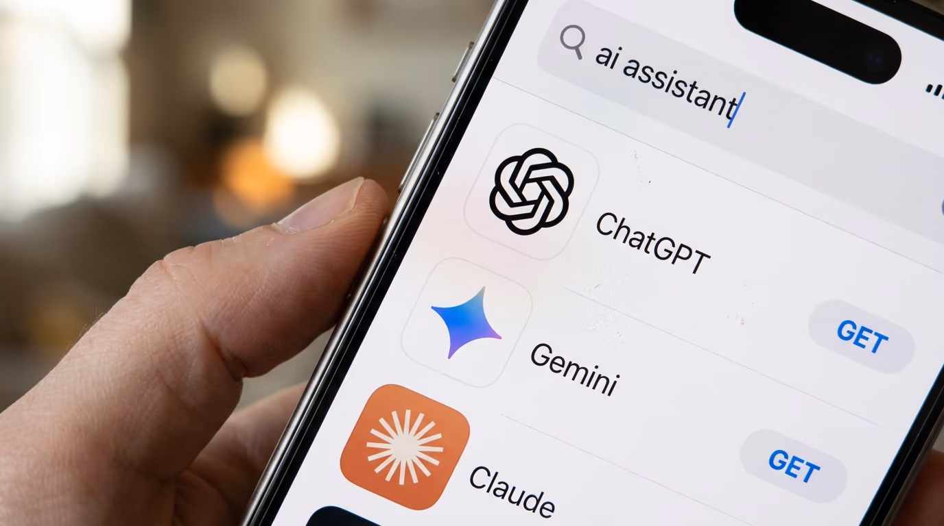 Best AI app for iPhone, the App Store search results showing ChatGPT, Gemini and Claude
