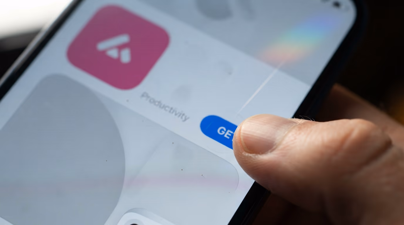 A thumb pressing the Get button to install an AI app on an iPhone