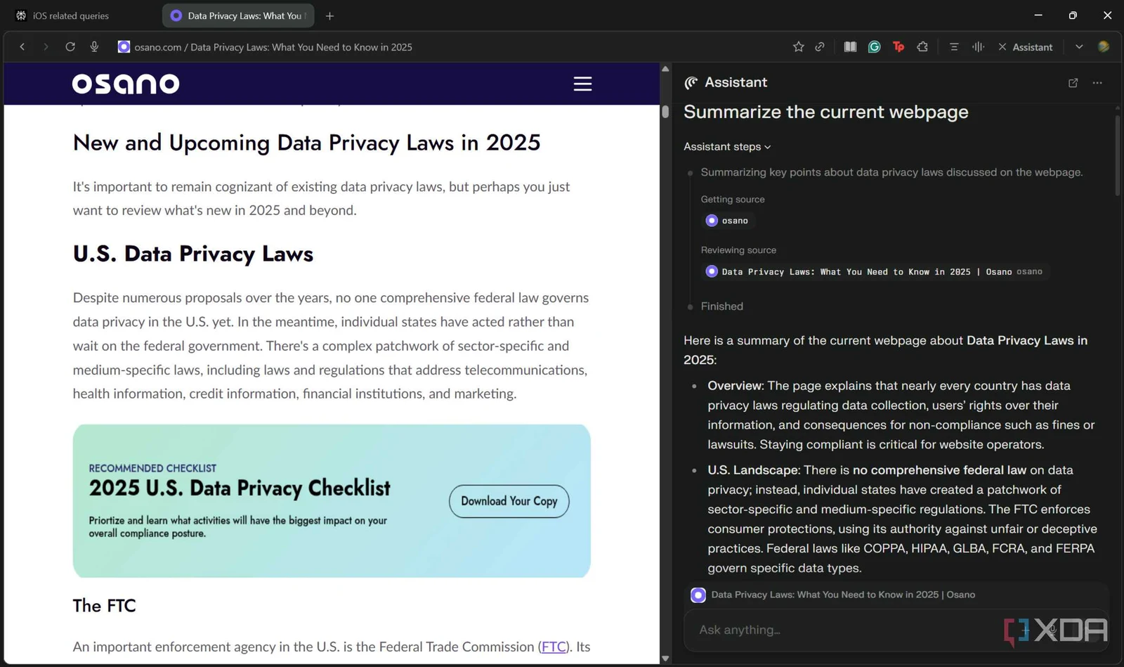 Perplexity Comet browser with its assistant sidebar summarizing an open web page
