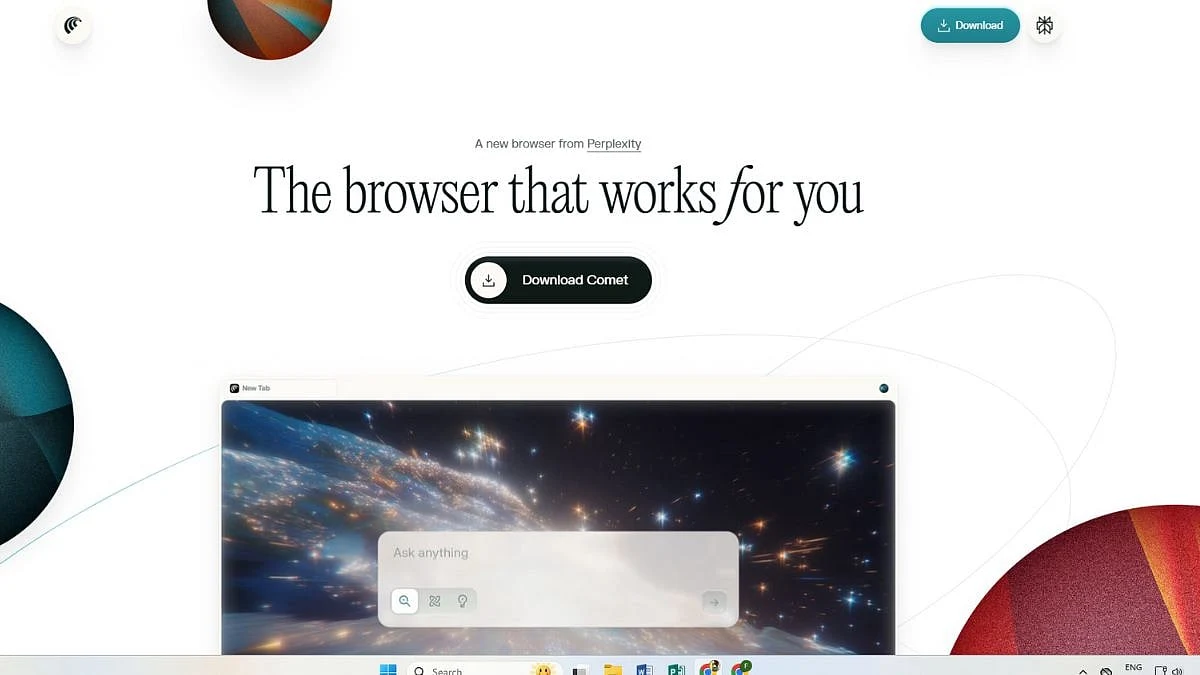 The Perplexity Comet download page showing the free AI browser