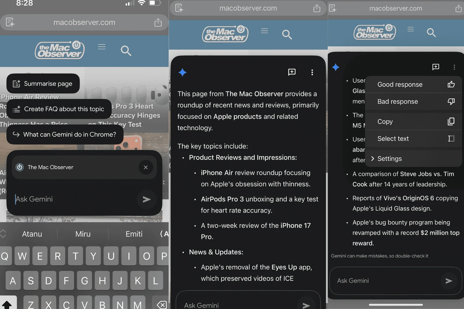 Gemini in Chrome summarising a web page on a phone