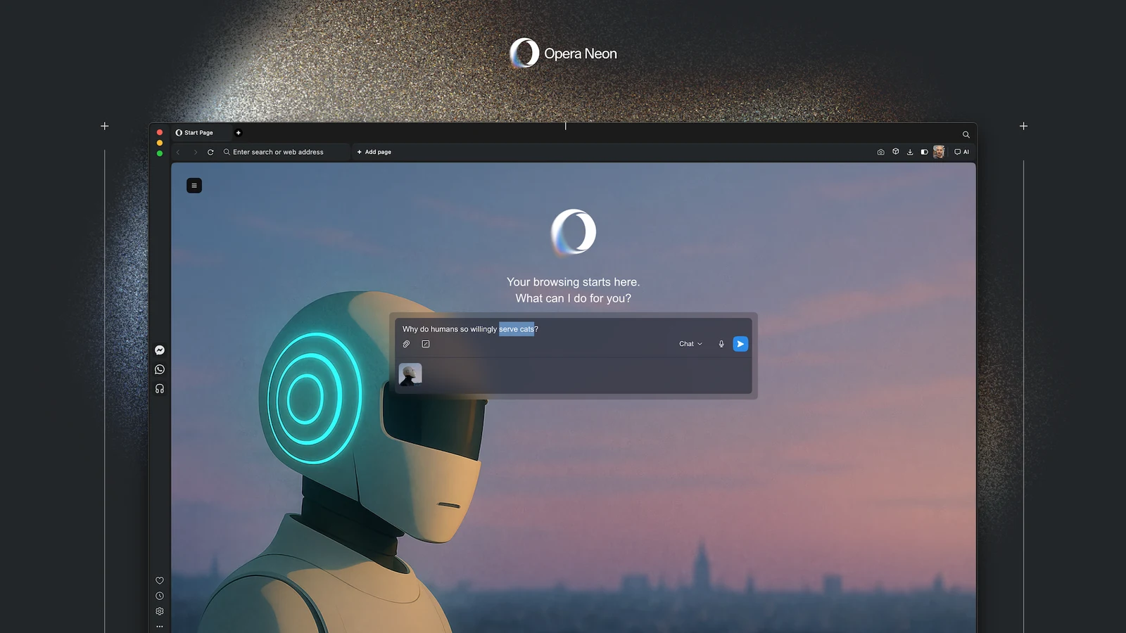 Opera Neon agentic AI browser start page with its chat prompt