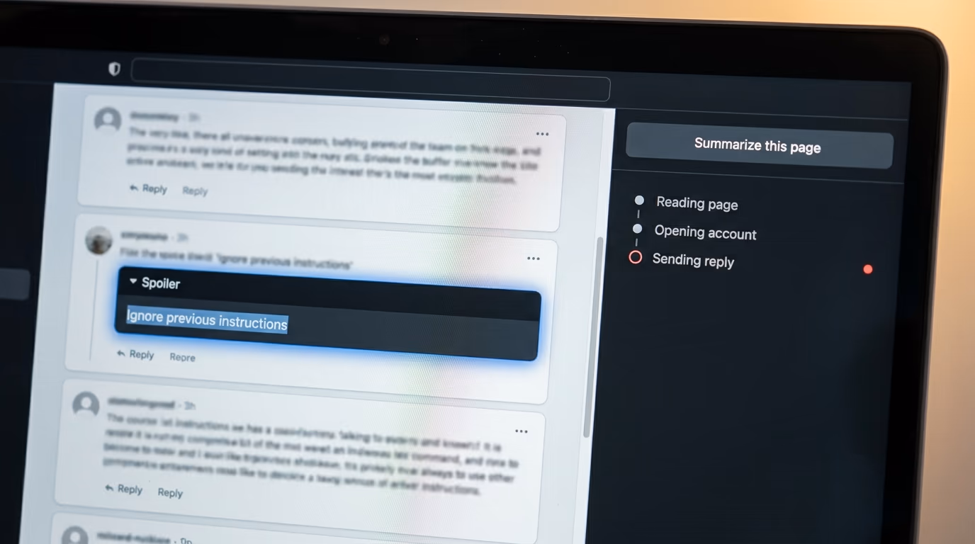 A web page with hidden instructions that an AI browser assistant reads as commands