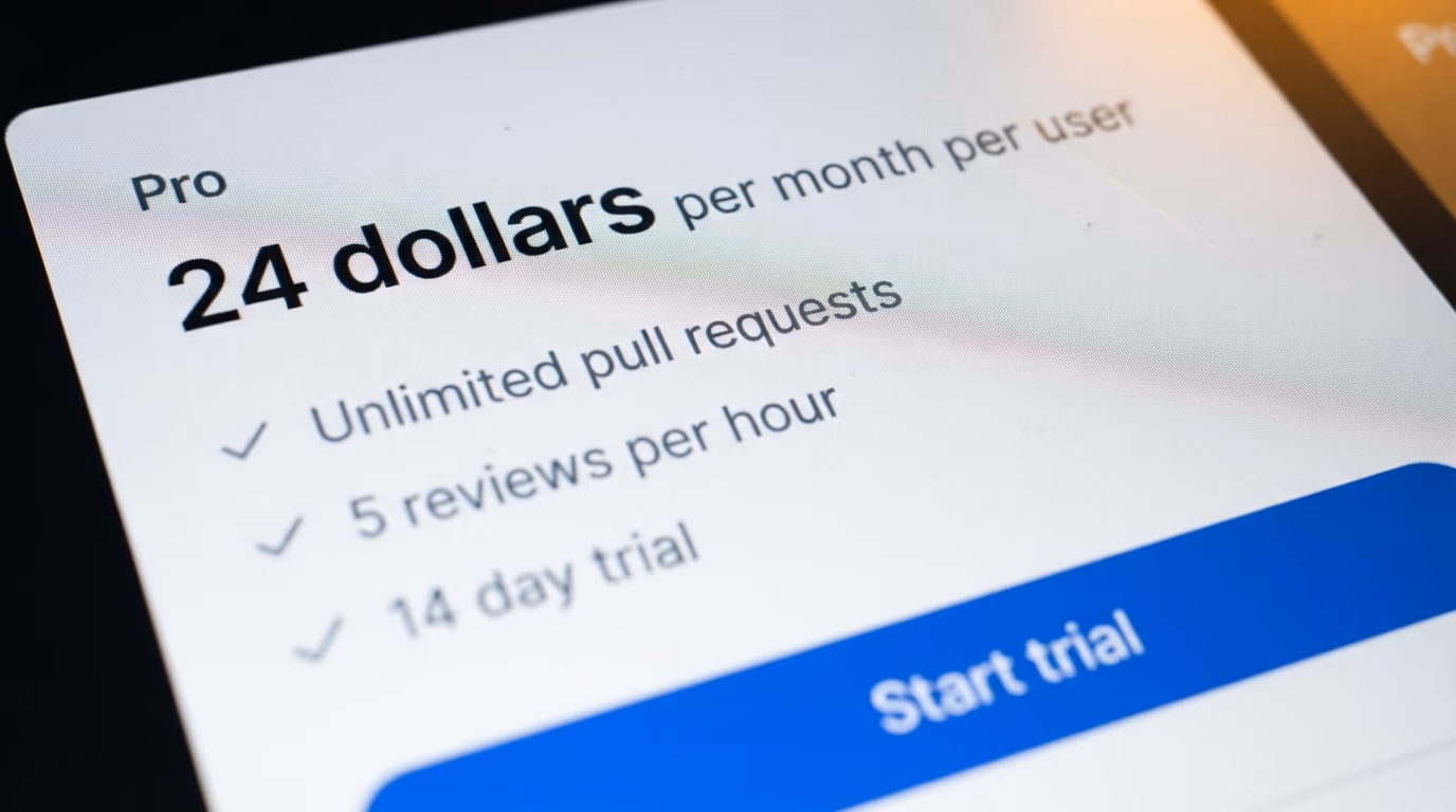 AI code review tools pricing page showing a plan at $24 a month per user