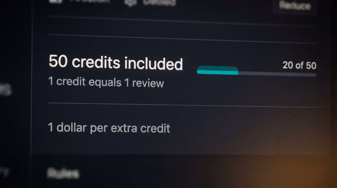 Usage based billing panel showing credits included and cost per AI code review