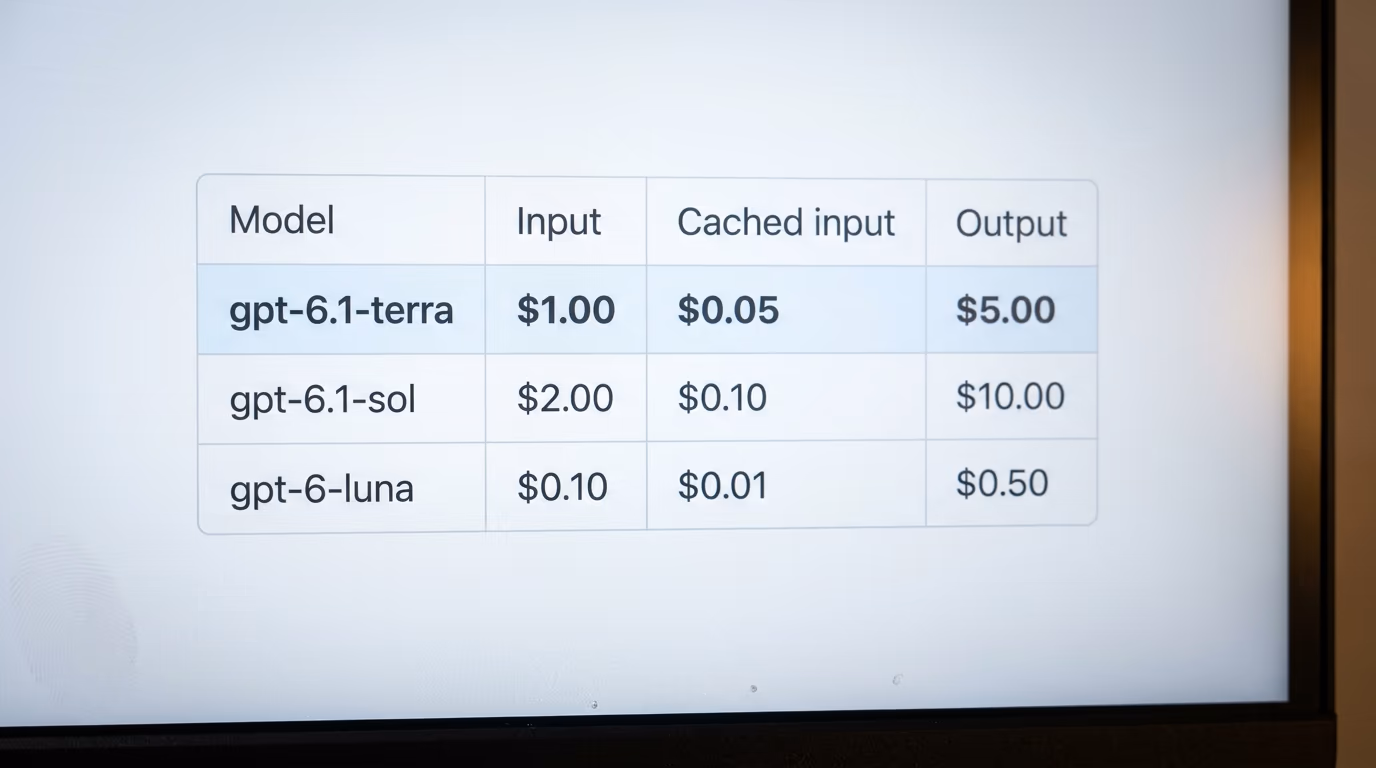 GPT-6.1 Terra price per million tokens on OpenAI's own pricing table