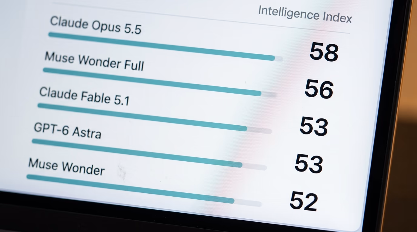 Independent intelligence index with Claude Opus 5.5 at 58 above Muse Wonder Full at 56