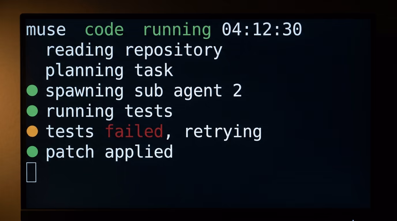 Terminal showing a coding agent running for 4 hours with sub agents and a failed test retry