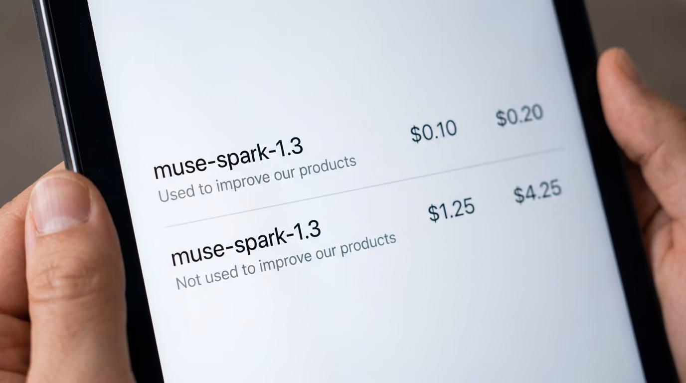 Meta pricing rows showing the same Muse Spark model twice, at $0.10 used to improve products and $1.25 not used