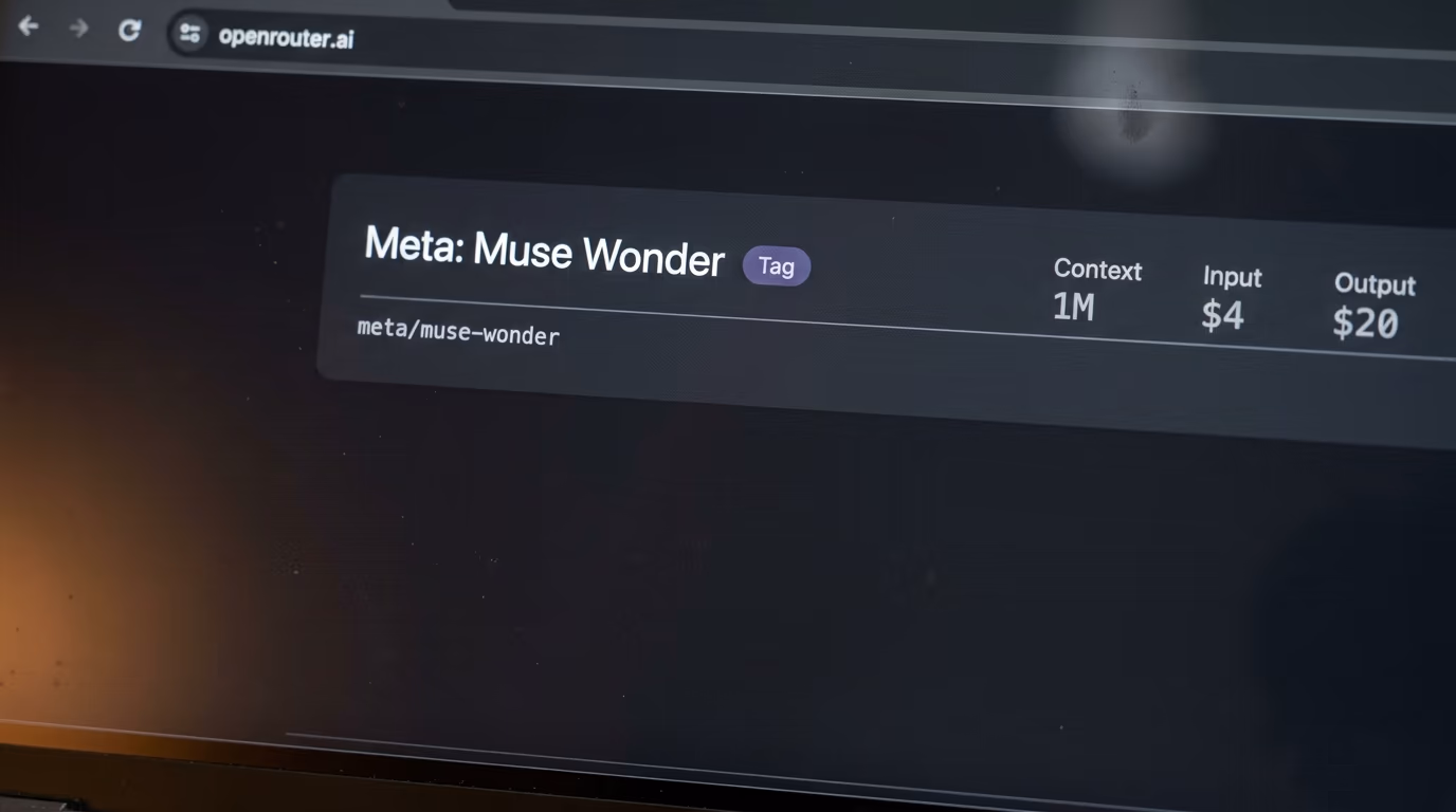 OpenRouter listing for Meta Muse Wonder showing 1M context, $4 input and $20 output