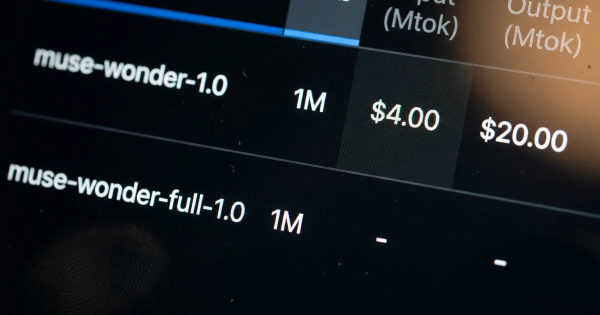 Best AI model for agents, the Meta Model API rate card showing Muse Wonder at $4.00 input and $20.00 output