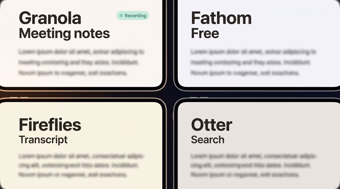 Best AI note taking app for meetings, the Granola, Fathom, Fireflies and Otter apps open side by side