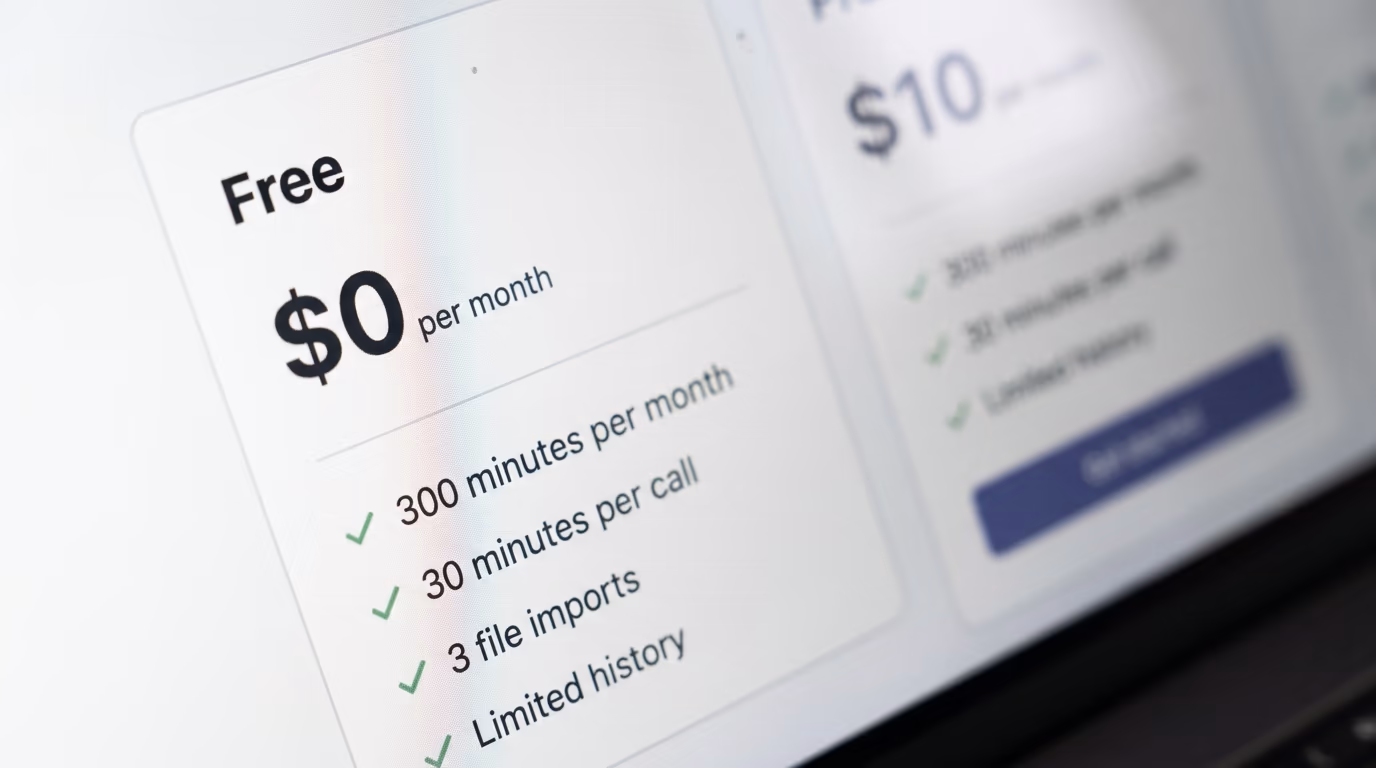 Free plan limits for AI note taking apps shown on a pricing page