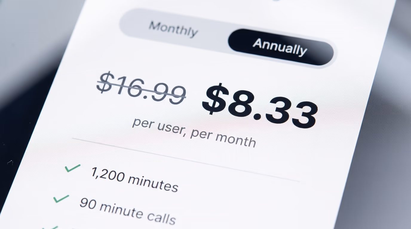 AI note taking app pricing page showing monthly and annual plans