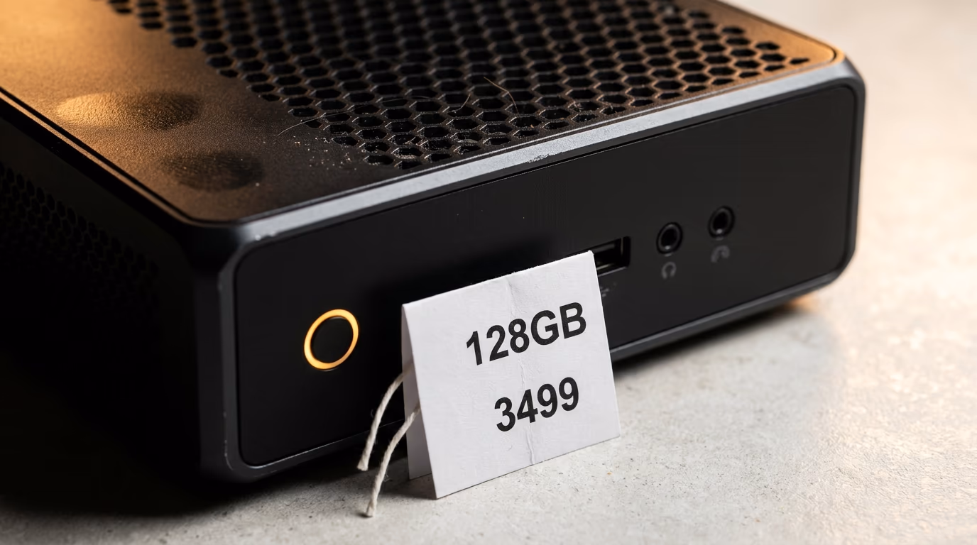 Best computer for local AI, a black mini PC with a price card reading 128GB and 3499