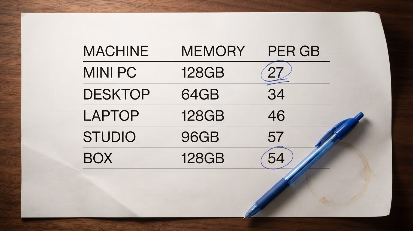 A printed comparison of computers with a column showing what a gigabyte of memory costs on each