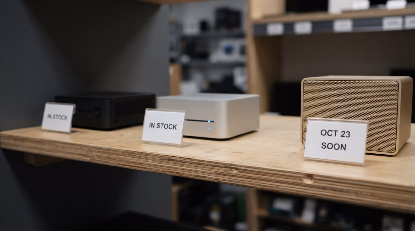 A shop shelf of small AI computers with cards reading in stock, and one card reading Oct 23