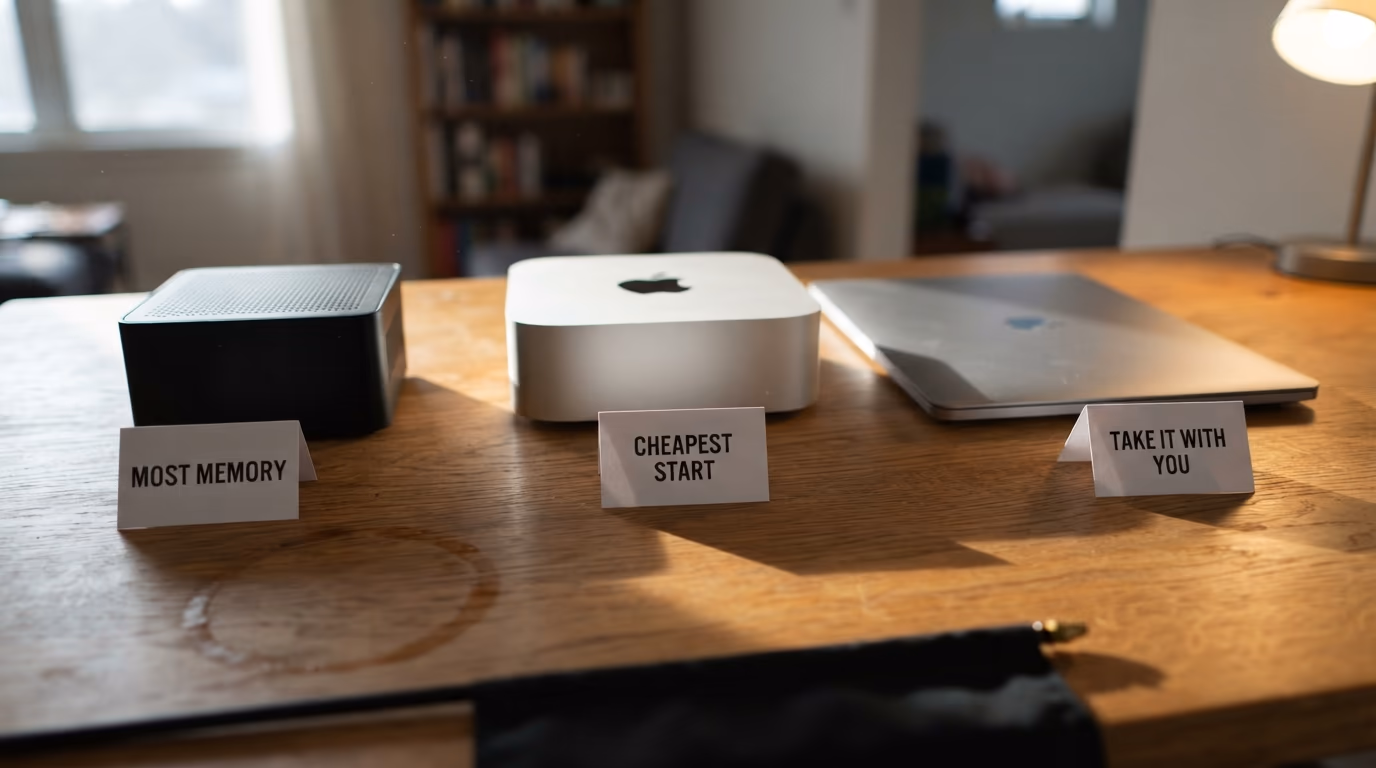 Three small computers on a table labelled most memory, cheapest start and take it with you
