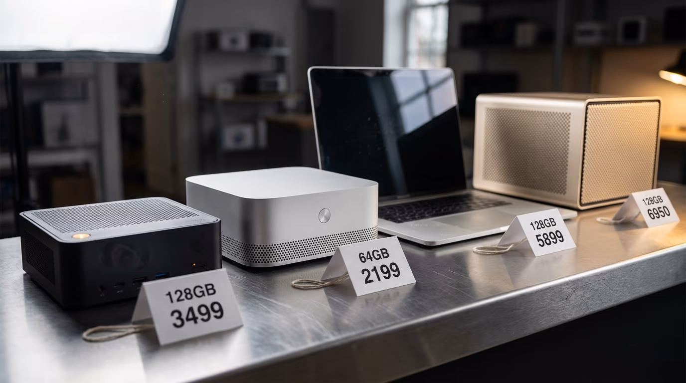 Best computer for local AI, four small AI computers lined up on a shop counter with their memory and price on cards