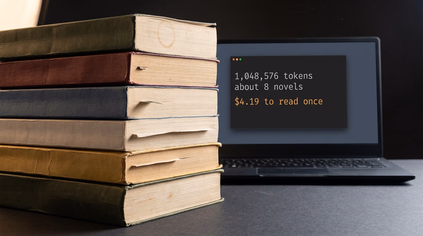Best long context LLM, a stack of 8 novels beside a screen showing a million token count and its price