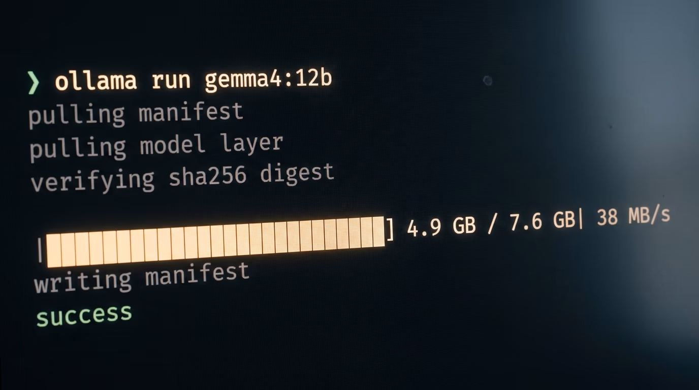 a terminal downloading Google Gemma 4 with the ollama run command