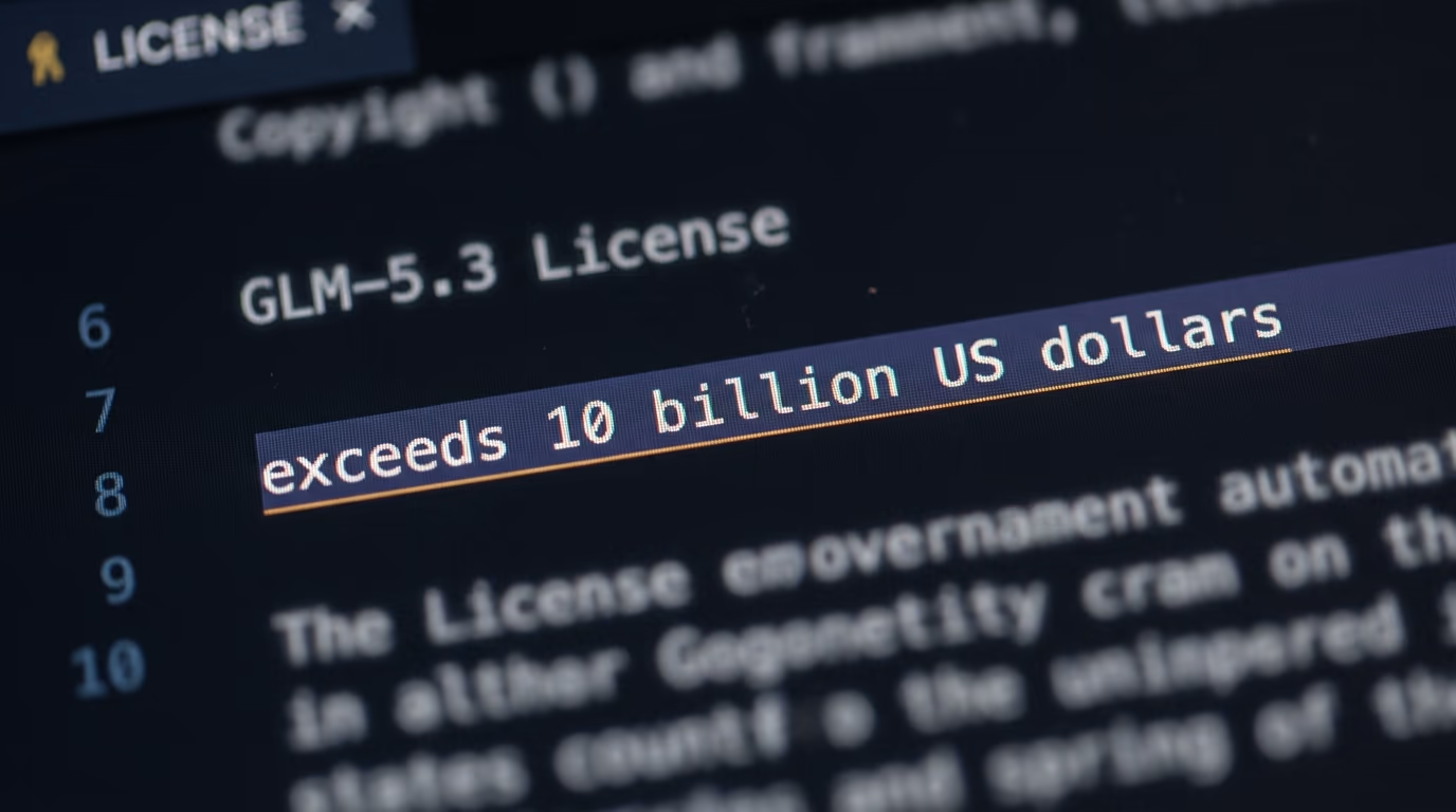 the GLM-5.3 license file open in an editor, showing the model as a service clause